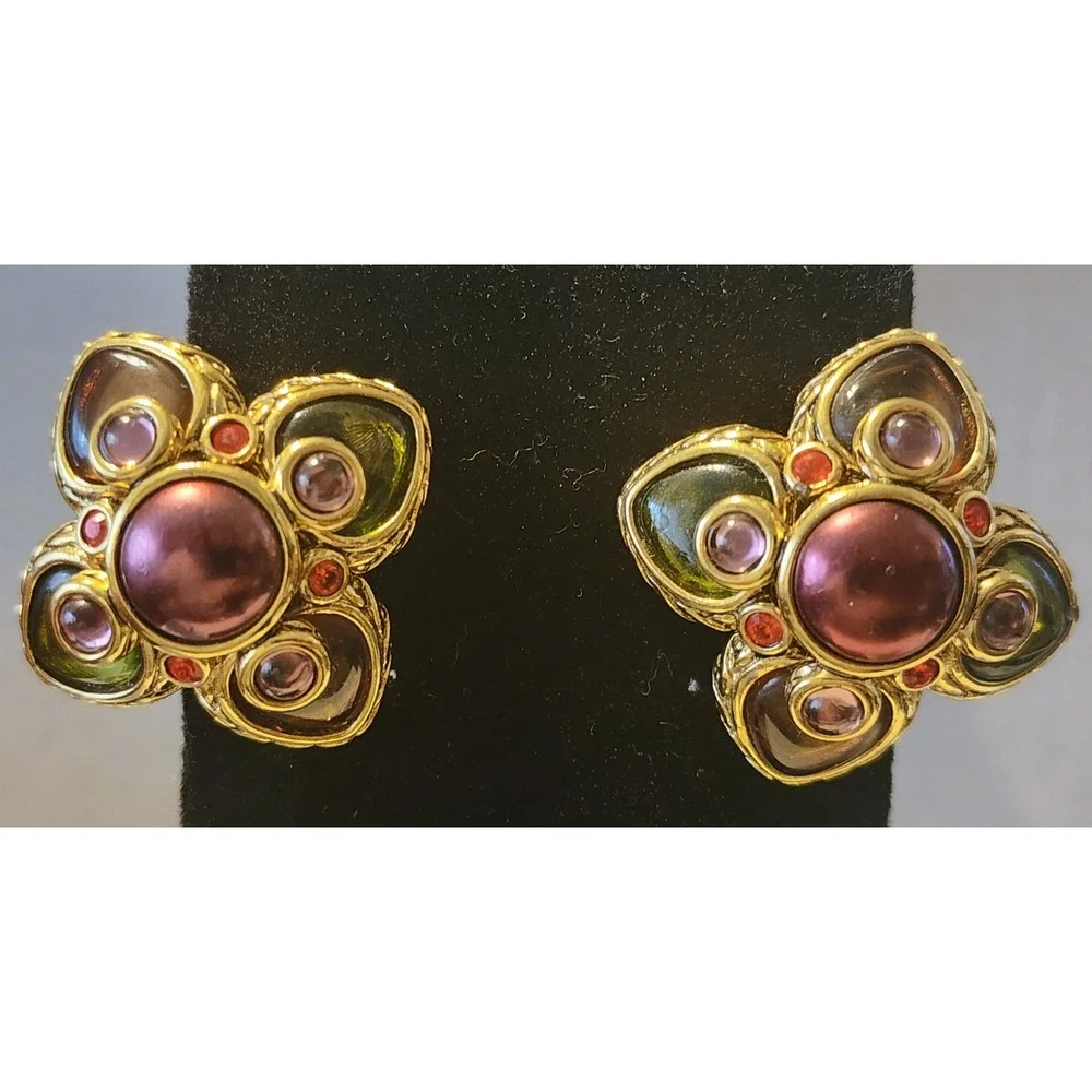 Joan Rivers Multicolor Cabochons Gold Tone Faux Pearl Clip On Earrings